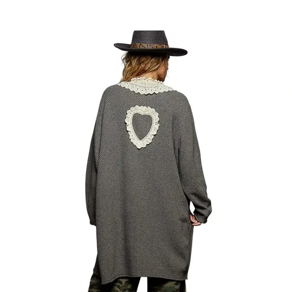 POL‎ NWOT SZ LGE Gray Cable Knit Lace Collar heavy Long Cardigan Sweater Dress - Picture 3 of 13